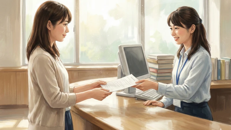 図書館カウンターで利用者が本を渡し職員が笑顔で受け取る