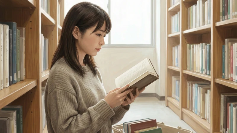 書架の前で女性が本を手に取り立ったまま読み窓からの光が差し込む