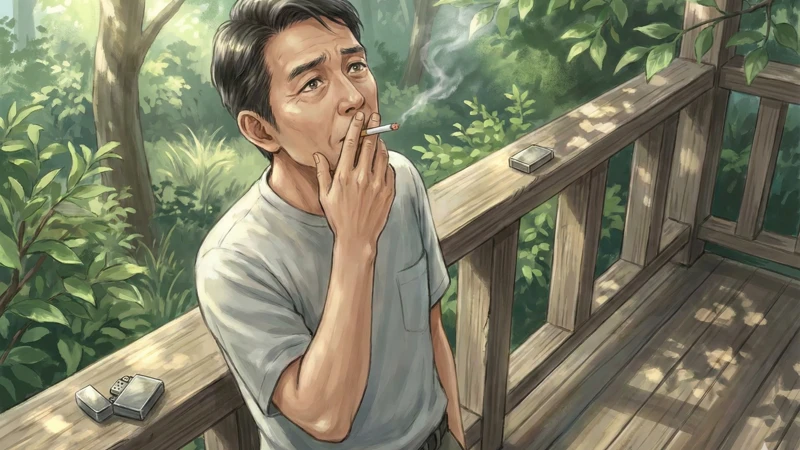 森に囲まれた木製デッキで一人静かにタバコを吸い上を見上げる男性と木漏れ日