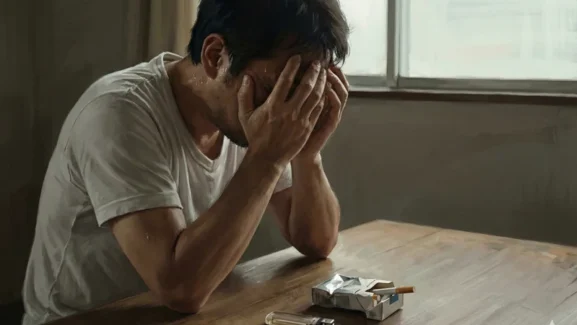 薄暗い部屋の木のテーブルに開いたタバコの箱とライターが置かれ、汗をかいた男性が両手で顔を覆ってうつむく禁煙中の強い欲求と葛藤を表した場面