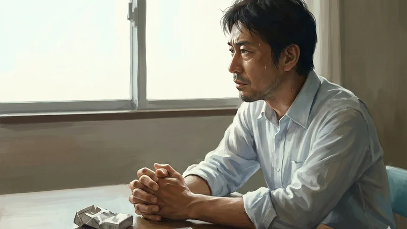 窓から光が入る室内のテーブルにタバコの箱とライターが置かれ、汗をにじませた男性が手を組んでじっと見つめる禁断症状の緊張感が漂う場面