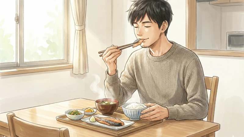 窓際のダイニングテーブルで湯気の立つ味噌汁と焼き魚の定食を前に、箸で一口運ぶ男性