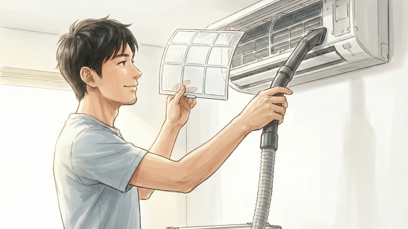 壁掛けエアコンの前でフィルターを外して手に持ち、掃除機のノズルでほこりを吸い取る男性の上半身