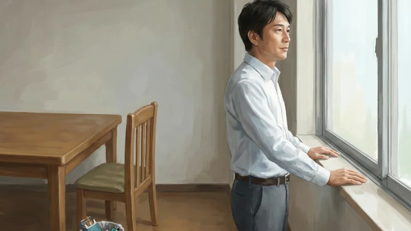 木のテーブルと椅子が置かれた部屋で白いシャツの男性が窓辺に立ち、両手を窓枠に置いて外を見つめ、足元のゴミ箱にタバコの箱が捨てられている様子