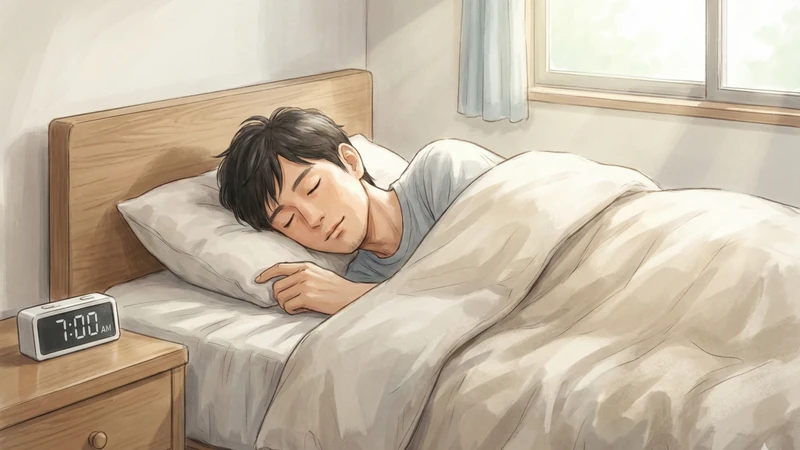 朝の柔らかな光が入る寝室で、白い布団に包まれて安らかに眠る男性と枕元のデジタル時計