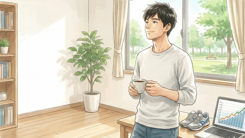 大きな窓の前の明るい部屋でコーヒーカップを両手で持ち、机の上の運動靴とパソコンのグラフが見える場面