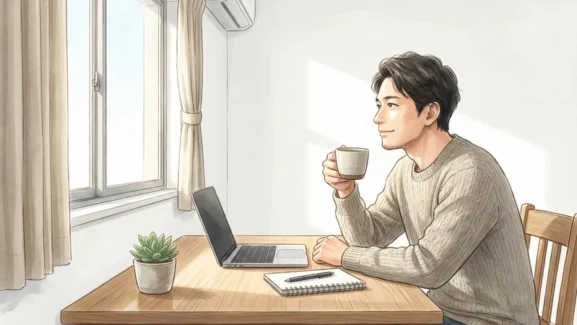 朝の光が差す部屋の木の机で、ノートパソコンとメモ帳の横に座り、マグカップを手に一息つく男性の横顔