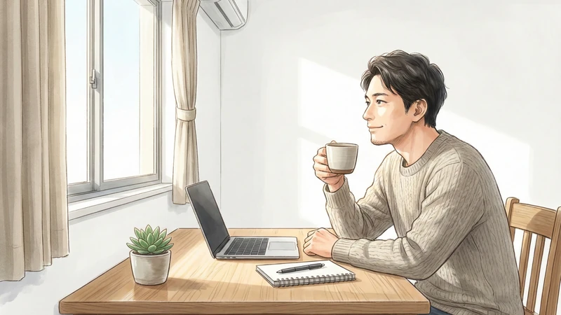 朝の光が差す部屋の木の机で、ノートパソコンとメモ帳の横に座り、マグカップを手に一息つく男性の横顔