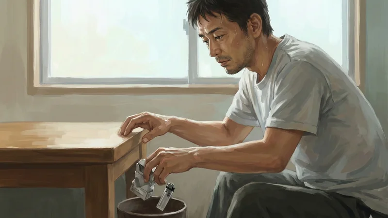 明るい窓のある部屋で汗をかいたTシャツ姿の男性が木のテーブルの横で身をかがめ、タバコの箱とライターをゴミ箱に捨てようとしている禁煙の決意を描いた場面