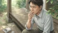 庭先の木製縁側に座り考え込む表情でタバコに火をつける中年男性を柔らかな自然光が包む