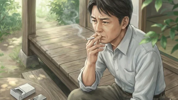 庭先の木製縁側に座り考え込む表情でタバコに火をつける中年男性を柔らかな自然光が包む