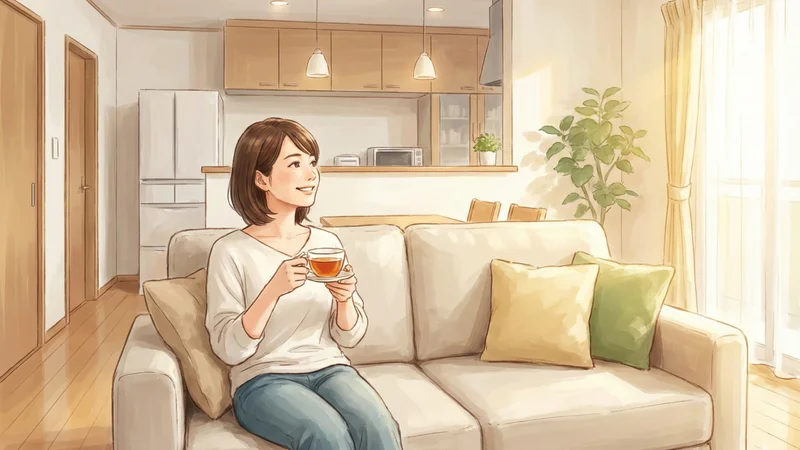 掃除後の明るいリビングでソファに座り温かい飲み物を楽しむ女性の落ち着いた時間