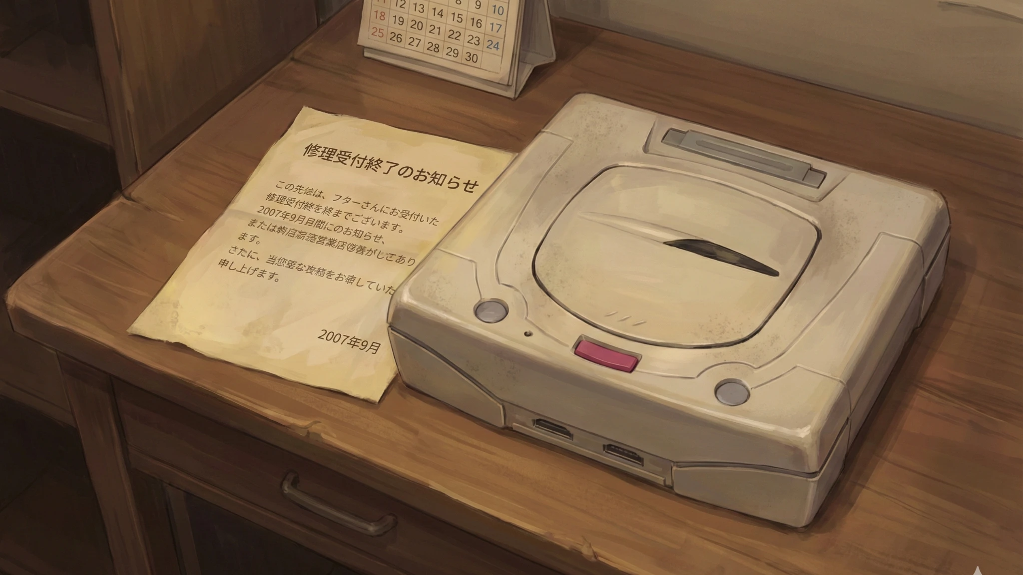 3. 木製棚の上に置かれたセガサターン本体と修理受付終了のお知らせ用紙、奥に卓上カレンダーが見える構図