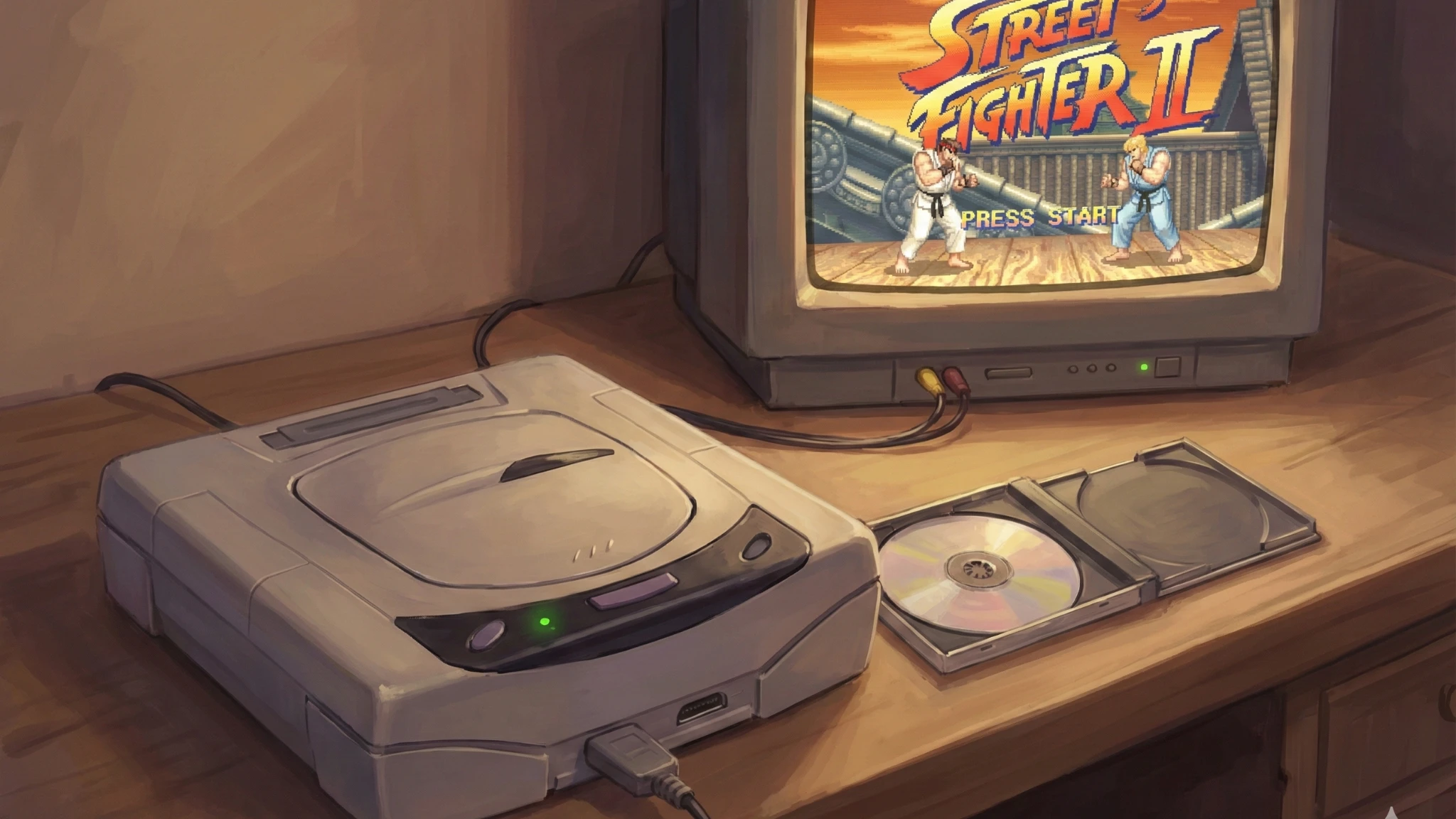 4. セガサターン本体の横にディスクトレイが開いた状態で置かれ、ブラウン管テレビに対戦格闘ゲームのタイトル画面が表示されている様子