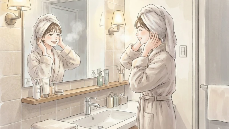 タイル張りの洗面台と大きな鏡の前で、タオルを頭に巻いた女性がスキンケア前に頬に手を当てて微笑む、温かい照明のバスルーム