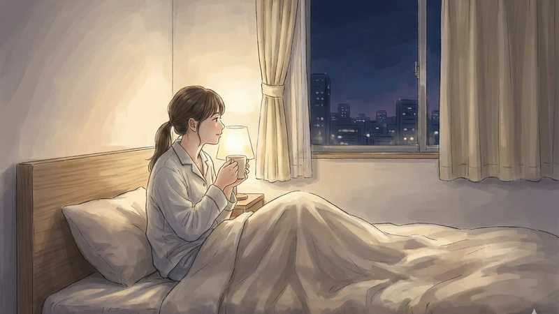 夜の窓の外に街の灯りが見える寝室で、パジャマの女性がベッドの上でマグカップを両手に包み込み、枕元のランプが柔らかく照らす