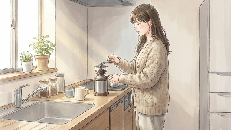 小さなキッチンのシンク横カウンターで、カーディガン姿の女性が手回しコーヒーミルで豆を挽き、窓辺の観葉植物に朝日が差し込む場面