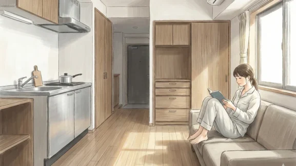 コンパクトなワンルームの室内で、窓から入る光のそばのソファに女性が膝を抱えて座り本を読む、左奥にミニキッチンと収納が並ぶ空間