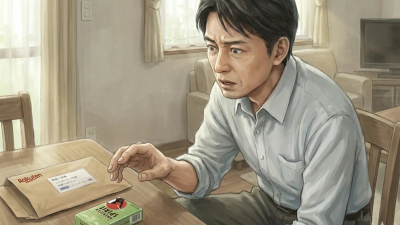 室内のテーブルで届いたタバコのサンプル箱を前に驚いた表情で手を伸ばす男性と差し込む昼光