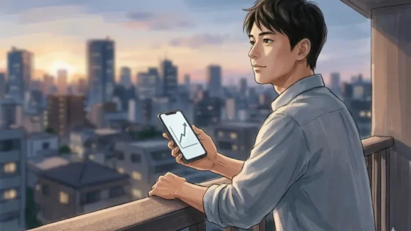 夕暮れのバルコニーで、右肩上がりの折れ線グラフが表示されたスマートフォンを眺める男性のイラスト