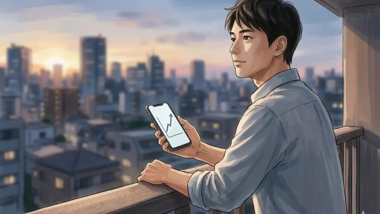 夕暮れのバルコニーで、右肩上がりの折れ線グラフが表示されたスマートフォンを眺める男性のイラスト