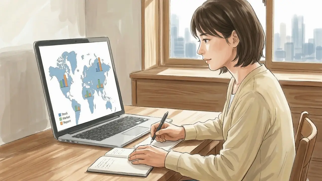 ノートPCに表示された世界地図と投資レポートの統計データを参考に学習を進める女性のイラスト
