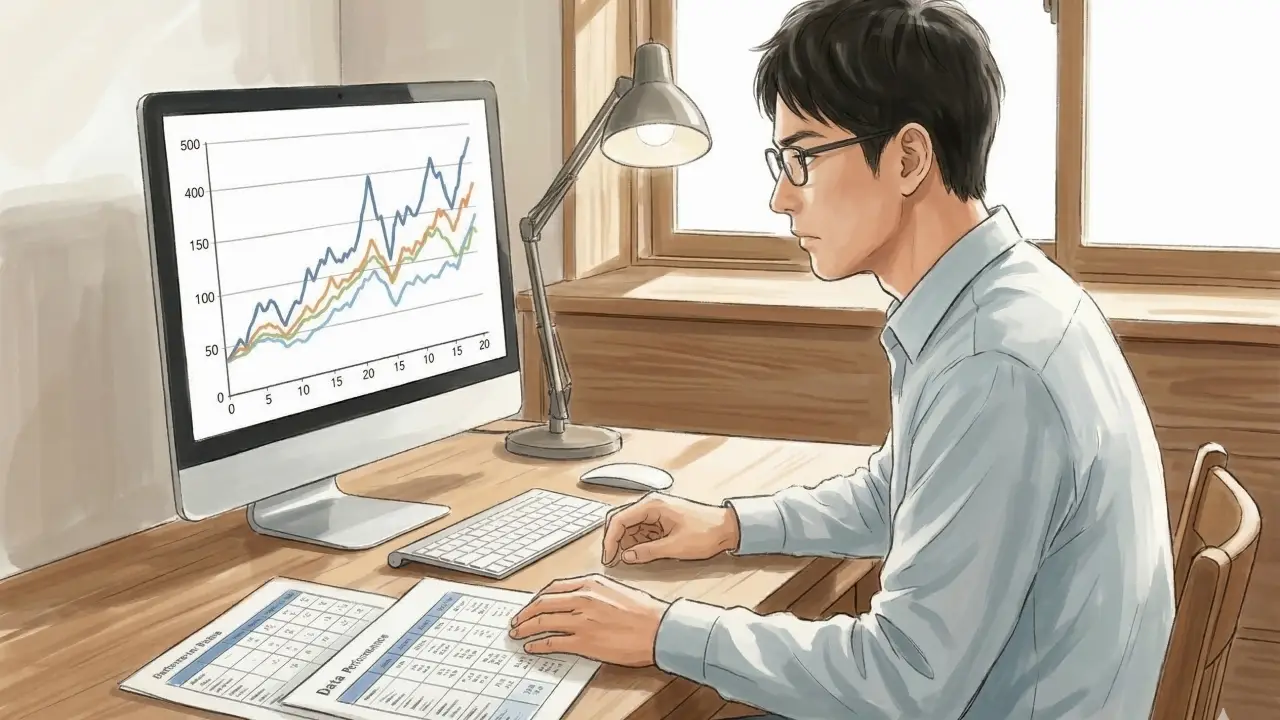 眼鏡をかけた男性がモニターの複雑な折れ線グラフと手元の資料を熱心に分析しているイラスト
