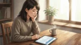 顎に手を当てて木製デスクに座る日本人女性が机に置かれたタブレット端末の画面に表示された表を見つめている様子