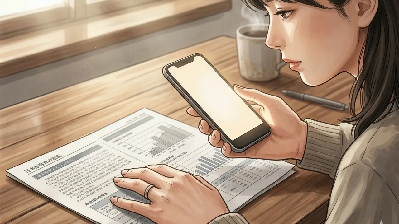 片手にスマートフォンを持ちながら木製デスクの上に置かれた棒グラフや表が印刷された書類に指を置いている日本人女性の横顔