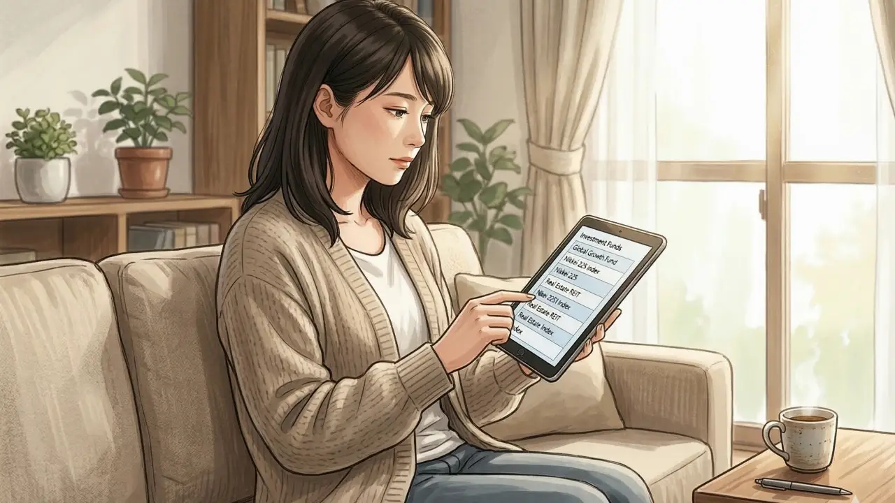 ベージュのソファに座る日本人女性が投資信託の銘柄リストが表示されたタブレット端末を手に持ち画面を指差している様子