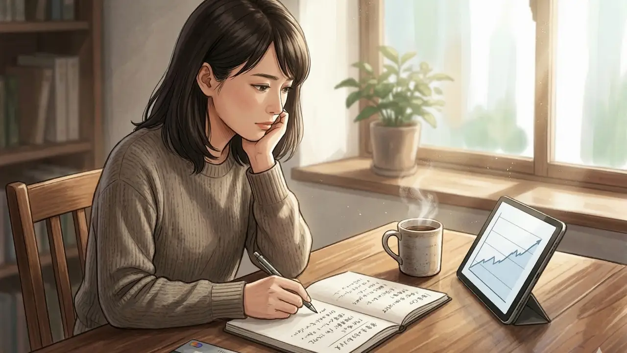 顎に手を当てた日本人女性がペンを持ちながら木製デスクの上のノートに文字を書き込み傍らに置かれた折れ線グラフが表示されたタブレット端末を見ている様子