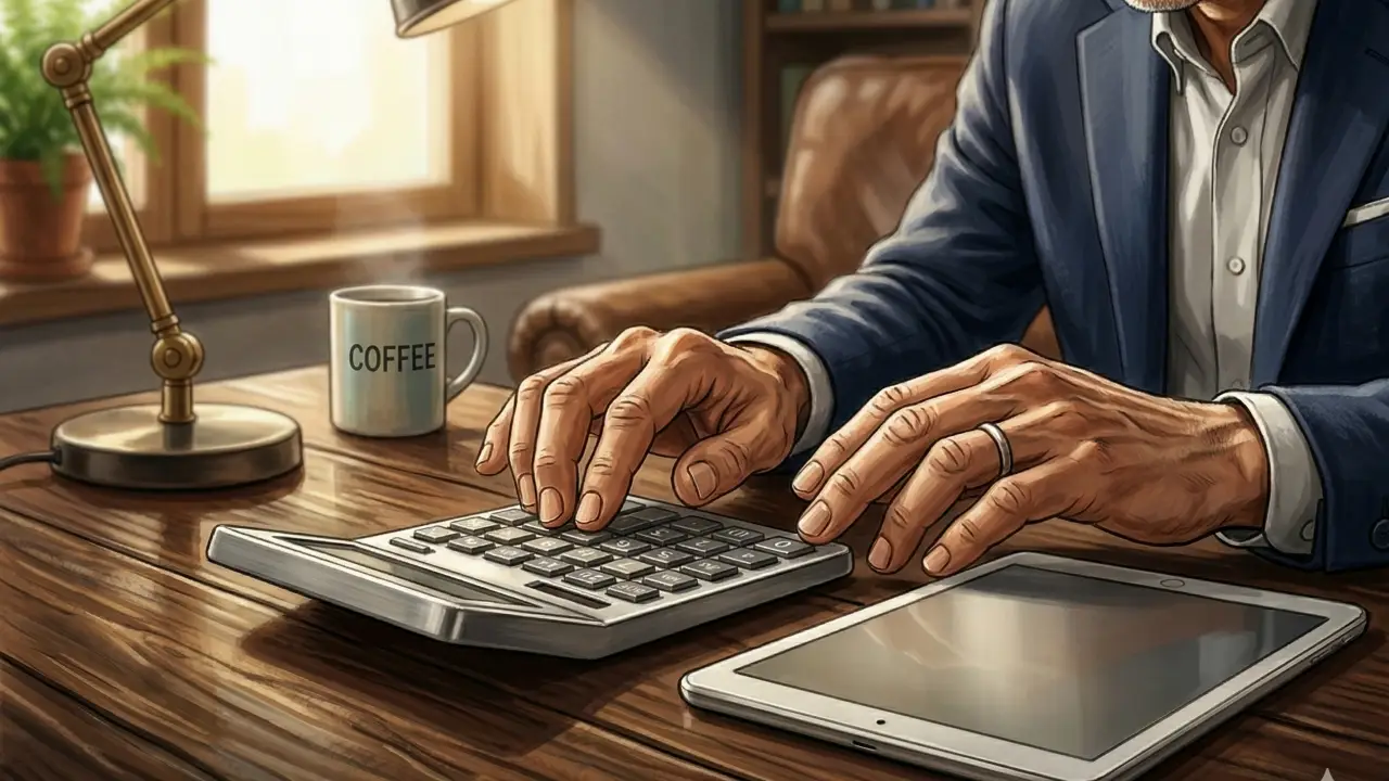 木製のデスクの上で電卓のキーを指で叩く50代の日本人男性の手元