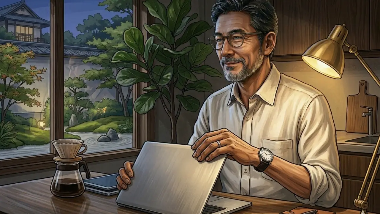 コーヒー器具が置かれた机でノートパソコンの蓋を両手で閉じる50代の日本人男性