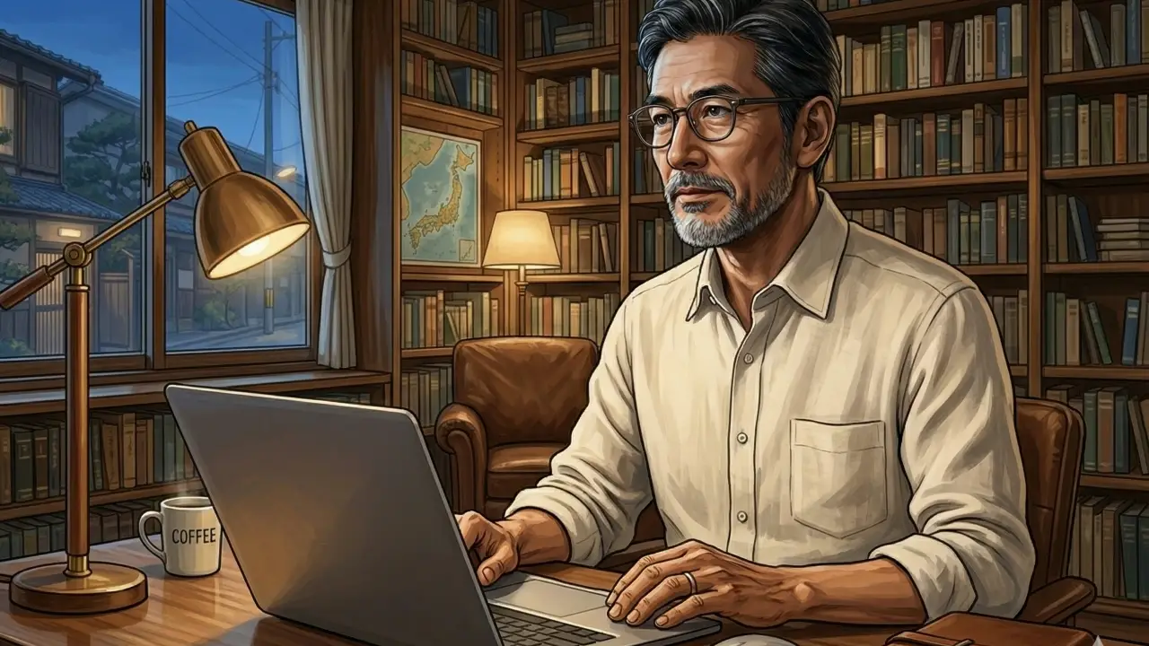 夜の書斎で机に向かいノートパソコンのキーボードを打つ50代の日本人男性