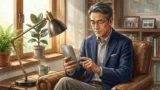 窓際にある革張りの椅子に座りスマートフォンを片手で操作する50代の日本人男性