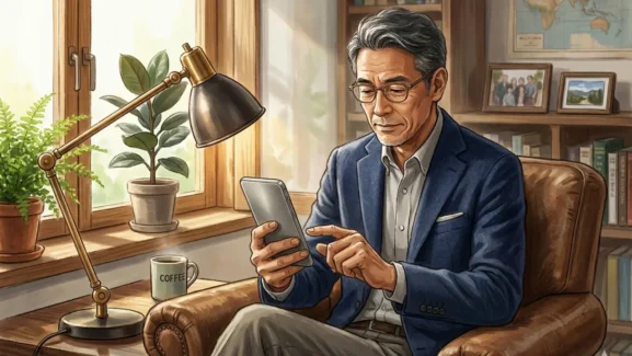 窓際にある革張りの椅子に座りスマートフォンを片手で操作する50代の日本人男性