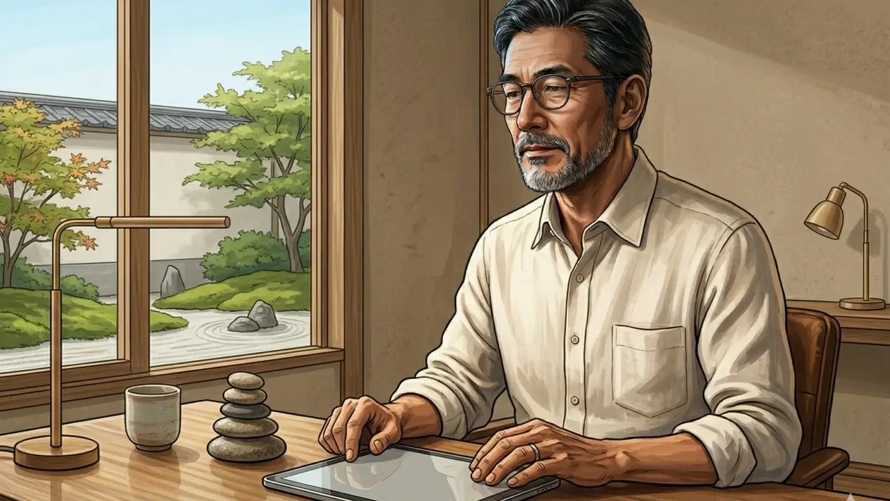 日本庭園が見える窓際のデスクで傍らに積まれた小石とタブレットを見つめる50代の日本人男性
