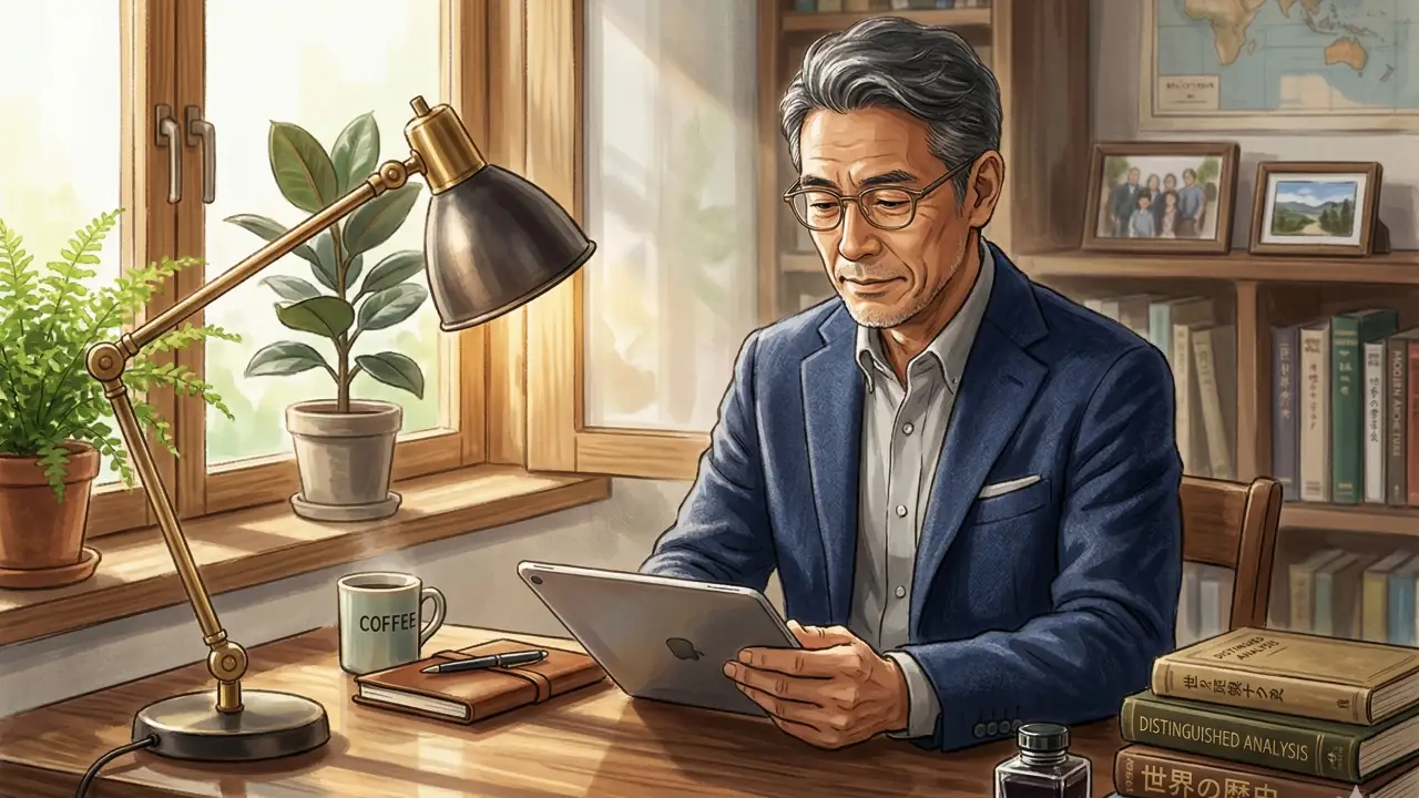 日差しが入る窓際で紺色のジャケットを着用し手に持ったタブレットの画面を確認する50代の日本人男性