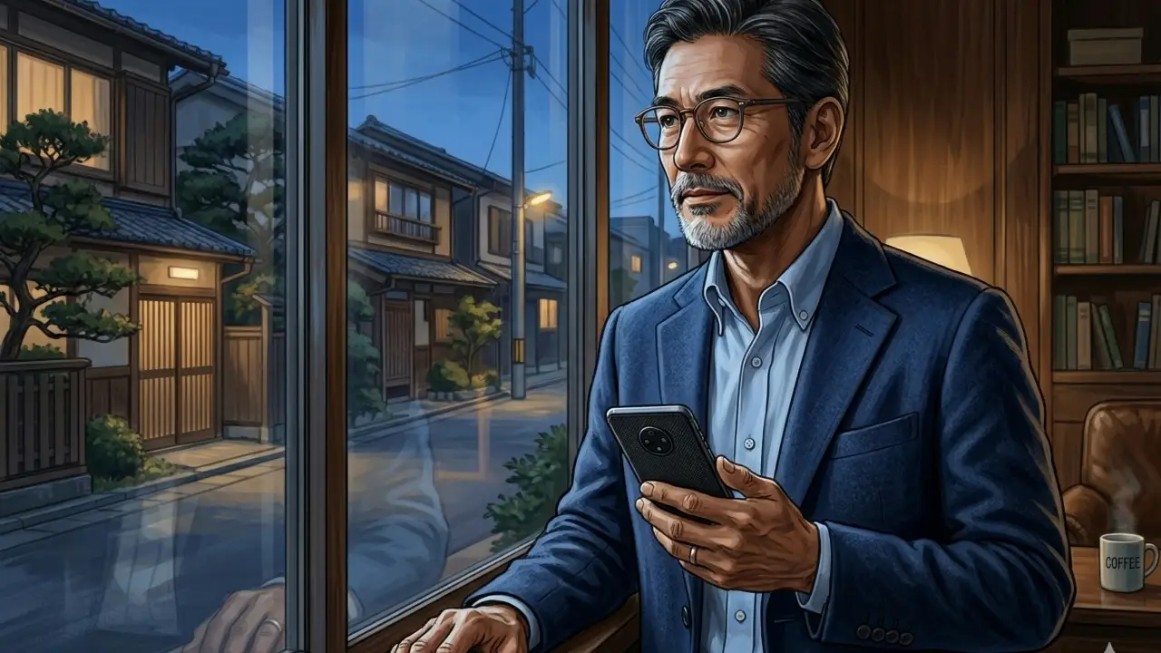 夜の窓辺に立ってスマートフォンを持ちながら屋外の住宅街を眺める50代の日本人男性