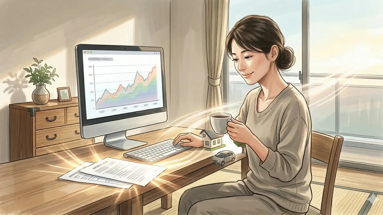 日本人女性がデスクでPC画面を見ながら書類を整理しコーヒーカップを手に持っている