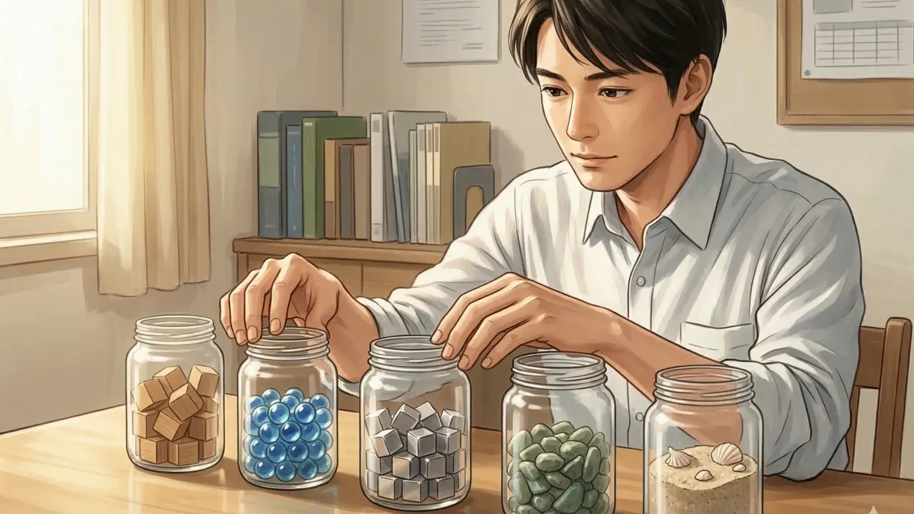 男性が机に並んだ中身の異なる5つのガラス瓶のうち青いビー玉と銀のキューブが入った瓶のフタに両手を置いている様子