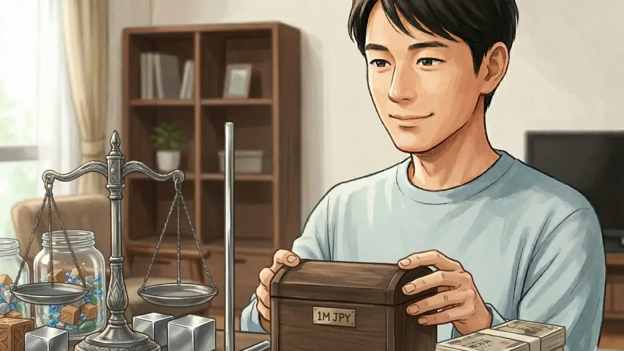 男性が机の上に置かれた1MJPYと書かれたプレート付きの木箱のフタに両手をかけ手前に札束が置かれている様子