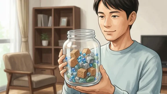 男性が木や銀のキューブと青や緑の球体が入った透明なガラス瓶を両手で持っている様子