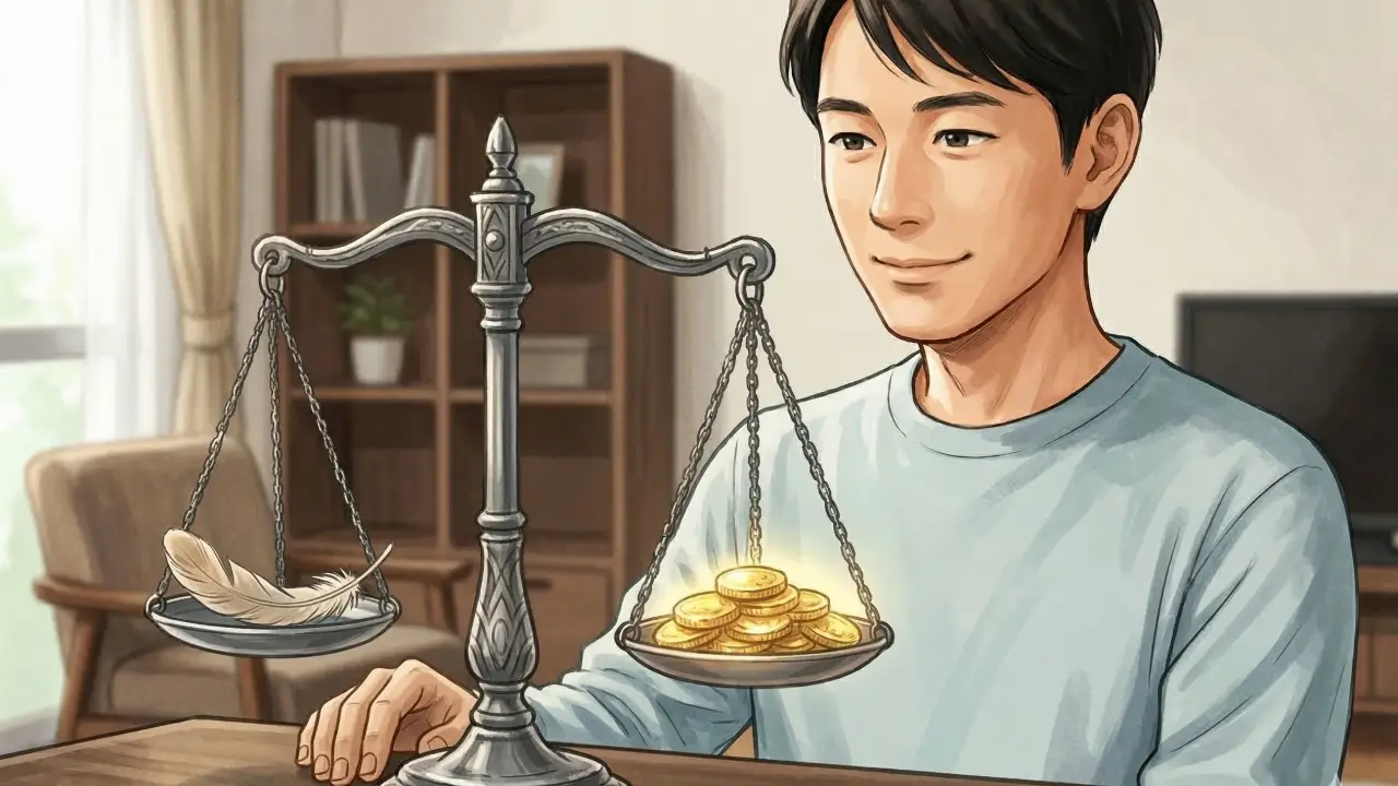 男性が左皿に白い羽が乗り右皿に光る金貨の山が乗った銀色の天秤を見つめている様子