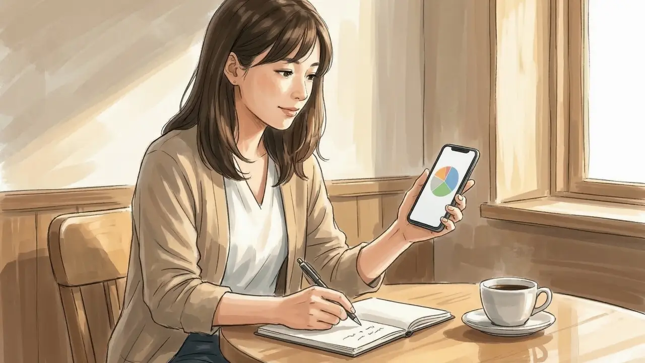 カフェでコーヒーを飲みながらスマートフォンの円グラフを確認して手帳に記録する女性のイラスト