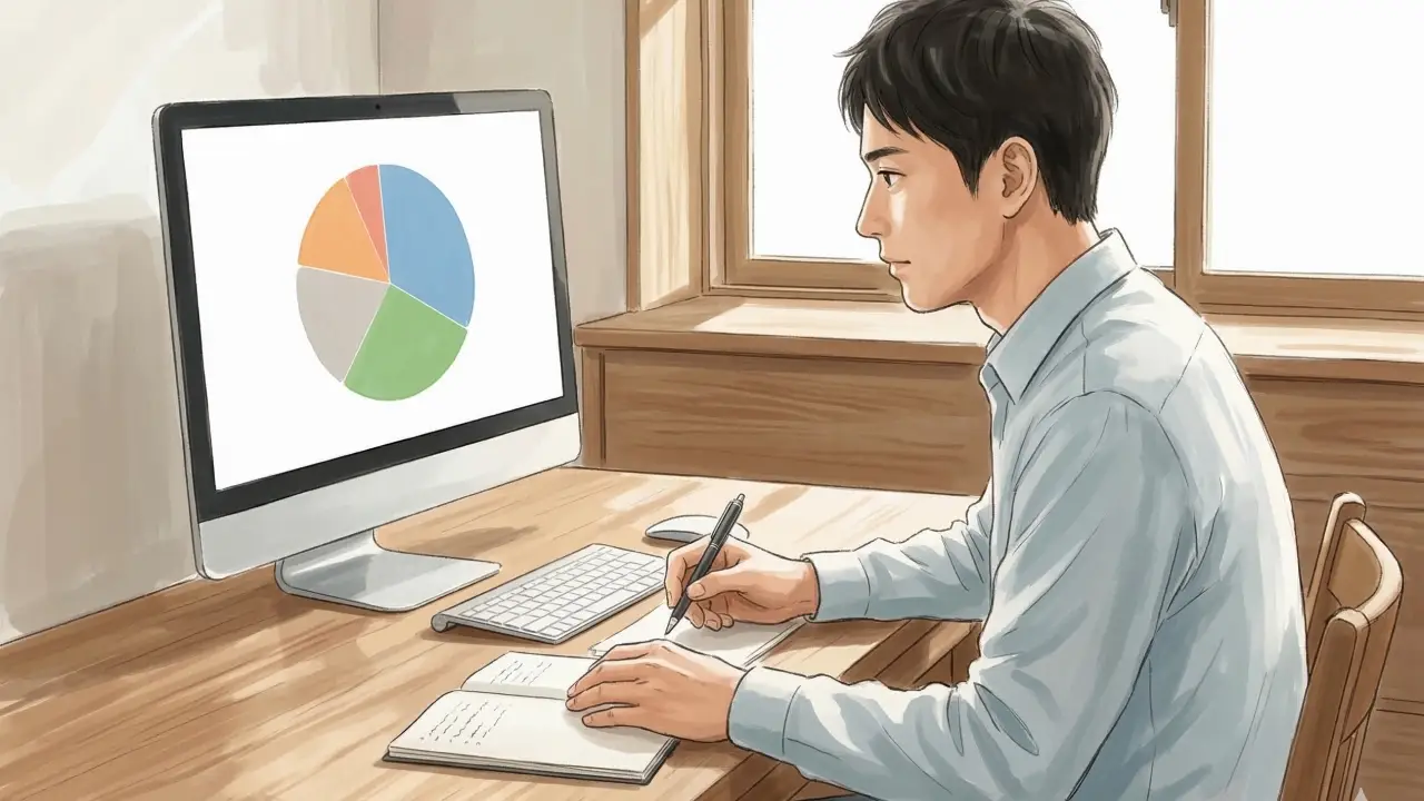 机でノートにメモを取りながら、デスクトップモニターに表示された円グラフを確認する男性のイラスト
