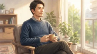 窓辺でコーヒーを飲みながらくつろぐ男性