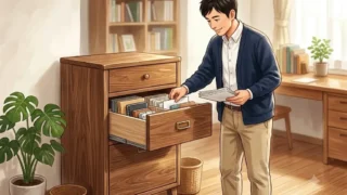 3つの異なる引き出しがついた木製のキャビネットを整理する日本人男性