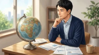 地球儀と書類を見比べながら静かに考え込む日本人男性