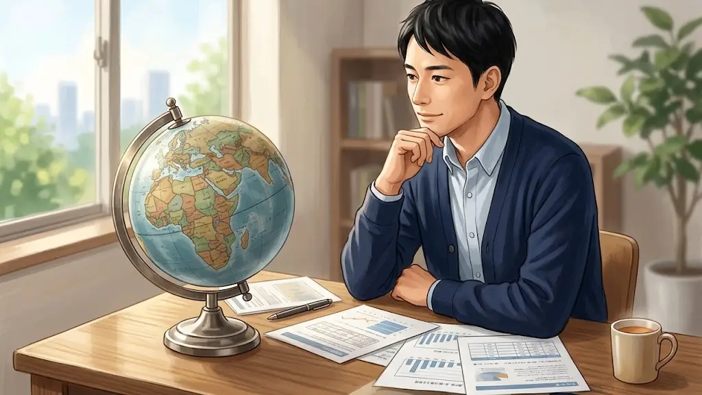 地球儀と書類を見比べながら静かに考え込む日本人男性